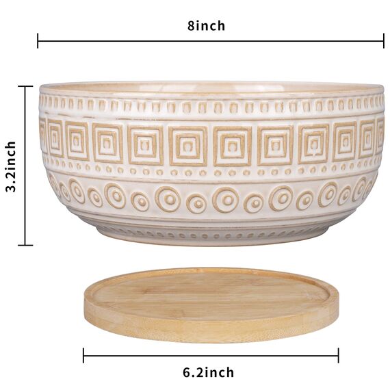 G EPGardening 20,5 cm Keramik-Sukkulenten-Übertöpfe, rund, flach, Bonsai-Pflanztopf für Zimmerpflanzen mit Drainage und Bambus-Untersetzer, Weiß