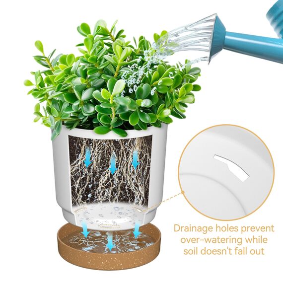 ZMTECH 16,5 und 20,3 cm Blumentopf, 4 Stück selbstwässernder Kunststoff-Pflanztopf mit Untersetzern, Tabletts und Drainageloch, moderner dekorativer Blumentopf, Pflanzbehälter für drinnen und draußen,