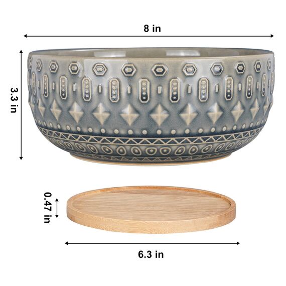 Fivepot 8 Zoll Keramik Sukkulenten Pflanztopf Töpfe mit Drainageloch Blumentopf für Zimmerpflanzen Rund Flach Bonsai Topf mit Bambustablett Blau