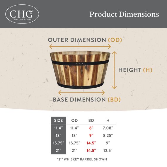 Classic Home and Garden Übertopf aus Akazienholz mit schwarzem Metallband, 53,3 cm D x 31,8 cm H