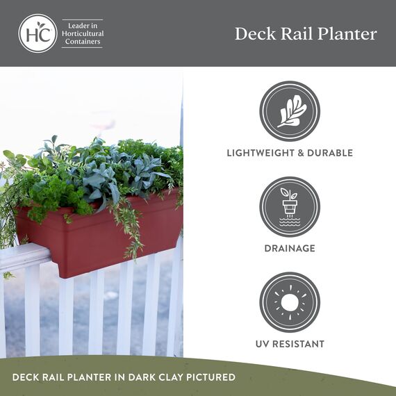 The HC Companies Pflanzkasten für Deckgeländer mit abnehmbaren Ablaufstopfen, Leichter und wetterfester Kunststoff-Blumenkasten, Balkon-Pflanzgefäße für Geländer und Zaun (61 cm, Ton)