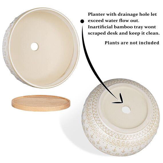 Fivepot Keramiktöpfe für Sukkulenten mit Abflussloch, Blumentopf für Zimmerpflanzen, runde Flache Bonsaischale mit Bambustablett, 20,3 cm, Weiß