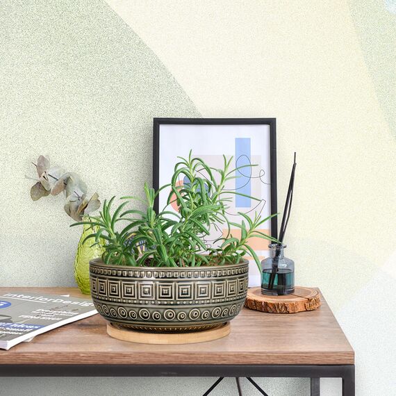 G EPGardening 20,3 cm große Keramik-Sukkulenten-Übertöpfe, rund, flach, Bonsai-Pflanztopf für Zimmerpflanzen mit Drainage und Bambus-Untersetzer, Grau