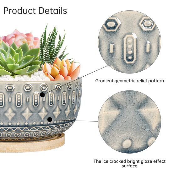 Fivepot 8 Zoll Keramik Sukkulenten Pflanztopf Töpfe mit Drainageloch Blumentopf für Zimmerpflanzen Rund Flach Bonsai Topf mit Bambustablett Blau
