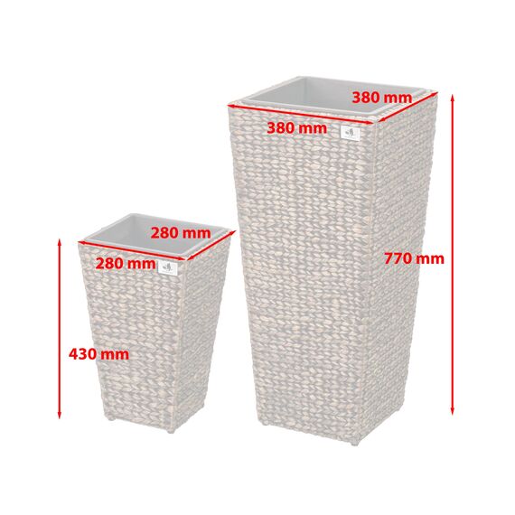 Gartenfreude Pflanzkübel mit Wasserhyazinthe 2er Set 38 x 38 x 77 cm, 28 x 28 x 43 cm, Kunststoffeinsatz, braun