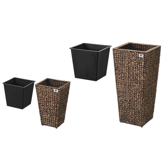 Gartenfreude Pflanzkübel mit Wasserhyazinthe 2er Set 38 x 38 x 77 cm, 28 x 28 x 43 cm, Kunststoffeinsatz, braun