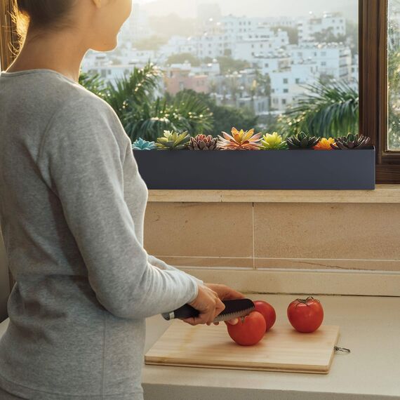 DR&Co Moderner Grauer rechteckiger Pflanzkasten, 40,6 cm, Metall-Pflanzgefäß, perfekt für Sukkulenten, schmaler Kasten für Tisch oder Fensterbank, rechteckig, Edelstahl, lang