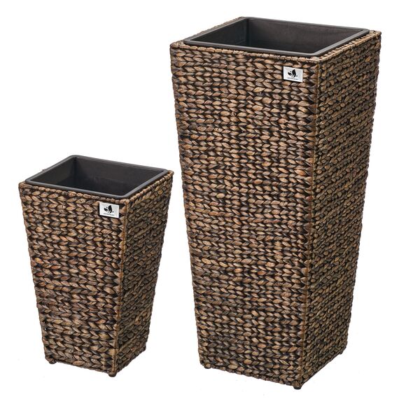 Gartenfreude Pflanzkübel mit Wasserhyazinthe 2er Set 38 x 38 x 77 cm, 28 x 28 x 43 cm, Kunststoffeinsatz, braun