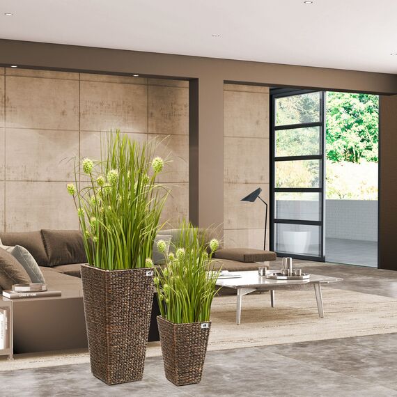 Gartenfreude Pflanzkübel mit Wasserhyazinthe 2er Set 38 x 38 x 77 cm, 28 x 28 x 43 cm, Kunststoffeinsatz, braun