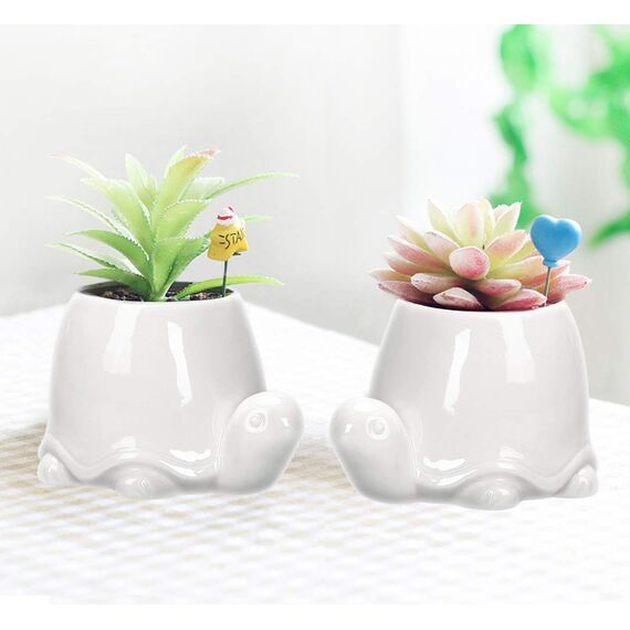 GeLive Weiße Schildkröte Keramik Sukkulenten Pflanzgefäß Schildkröte Pflanztopf Fensterbank Box Tier Blumenbehälter Tischplatte Dekor mit Drainageloch (2er Set Schildkröte)