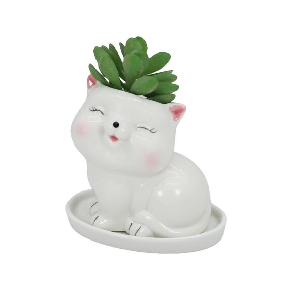 Gemseek Ceramic Dinosaur Succulent Planter Pot with Drainage Tray, White T-Rex Cactus/Flower Container, Animal Bonsai Holder for Indoor Plants