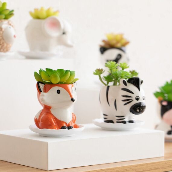 B SEPOR Kleine Keramik-Tier-Pflanzgefäße für Sukkulenten mit Drainage und Untersetzer aus Holz, schönes einzigartiges Geschenk, Fuchs, Panda, Kuh, Elefant, Schaf, Zebra, 6 Stück