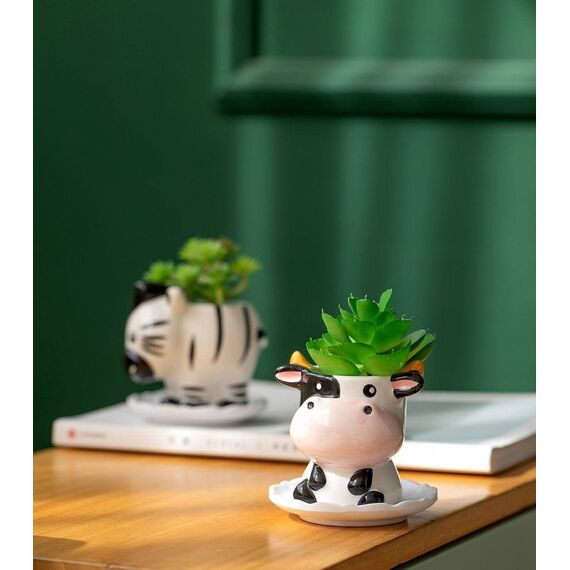 B SEPOR Kleine Keramik-Tier-Pflanzgefäße für Sukkulenten mit Drainage und Untersetzer aus Holz, schönes einzigartiges Geschenk, Fuchs, Panda, Kuh, Elefant, Schaf, Zebra, 6 Stück