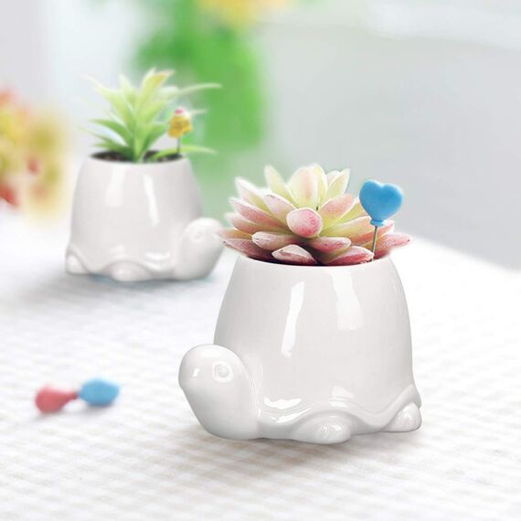 GeLive Weiße Schildkröte Keramik Sukkulenten Pflanzgefäß Schildkröte Pflanztopf Fensterbank Box Tier Blumenbehälter Tischplatte Dekor mit Drainageloch (2er Set Schildkröte)