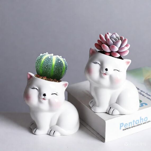 Gemseek Ceramic Dinosaur Succulent Planter Pot with Drainage Tray, White T-Rex Cactus/Flower Container, Animal Bonsai Holder for Indoor Plants