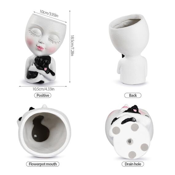 WEWEOW Gesichtspflanzgefäß, Kopf für drinnen und draußen, Pflanztopf mit Hund, Sukkulenten-Übertopf mit Ablaufloch, niedliche Damengesicht-Blumentöpfe (weiß)