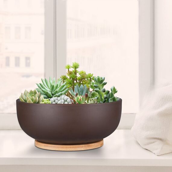 Thirtypot 25CM Terracotta Planter, Large Succulent Bonsai Planter Pot with Drainage Hole and Bamboo Saucer for Indoor Plants, Brown