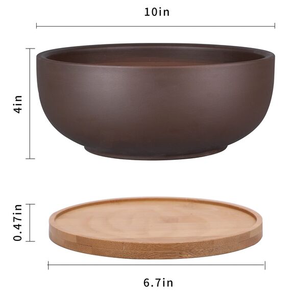 Thirtypot 25CM Terracotta Planter, Large Succulent Bonsai Planter Pot with Drainage Hole and Bamboo Saucer for Indoor Plants, Brown