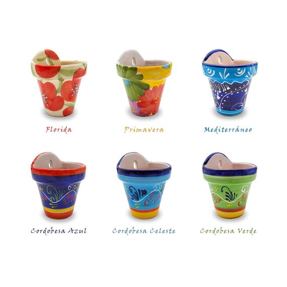 WG WATAGIFT Handbemalter Keramik-Wand Blumentopf aus Keramik Cordobesa - Gartenpflanzgefäß mit Hänge-und Ablaufloch - Innen-und Außenbereich - Ø 13cm H16cm (Blau)