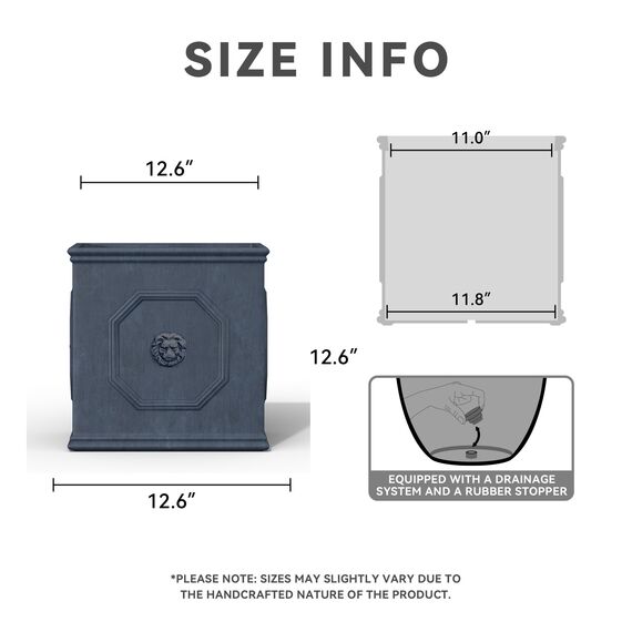 Kante RF0172B-C80451 Übertopf mit Löwenkopf, leicht, klassisch, quadratisch, Antik-Grau, 12.6"