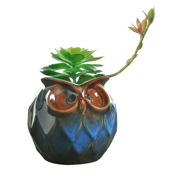 GeLive Blaue Eule Keramik Sukkulenten Pflanzgefäß mit Drainage Stopfen Tier Blumentopf Tischdekoration Vase Fensterbox Indoor Outdoor Dekor (blau)