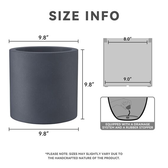 Kante Moderne zylindrische Pflanzgefäße aus Beton, 24,9 cm Durchmesser, Anthrazit
