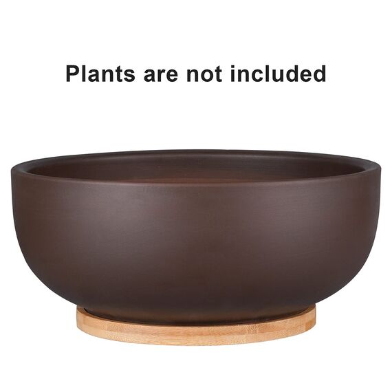 Thirtypot 25CM Terracotta Planter, Large Succulent Bonsai Planter Pot with Drainage Hole and Bamboo Saucer for Indoor Plants, Brown