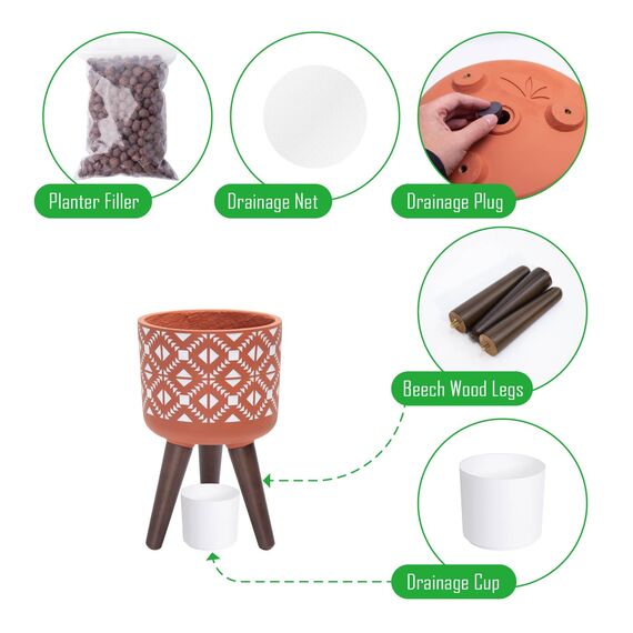 D'vine Dev 8" Indoor Planter Pot with Stand, Geometric Planter Pot for Plant, Small, Pottery Red Terracotta/White, 88-ST-8-S