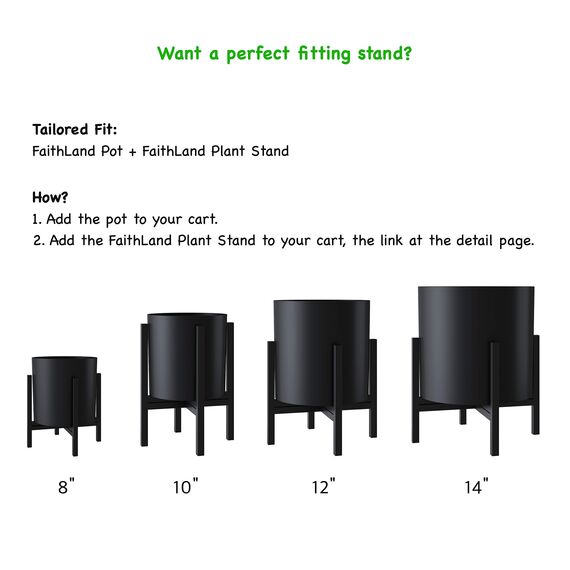 FaithLand Blumentopf 35,6 cm – perfekt passend für Moderne Pflanzenständer Mitte des Jahrhunderts – Ablaufstopfen und Drainagesieb – Mattschwarz