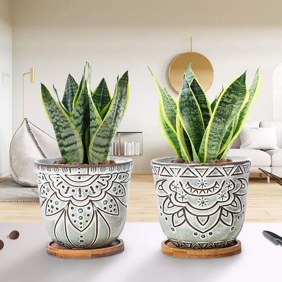 G EPGardening Braun Retro Großer Übertopf Topf Sukkulenten Übertopf Rund Keramik Pflanztopf Blumentopf Indoor Pflanzschale Container mit Bambus Tablett Drainage Loch Kunststoff Mesh 2er Set