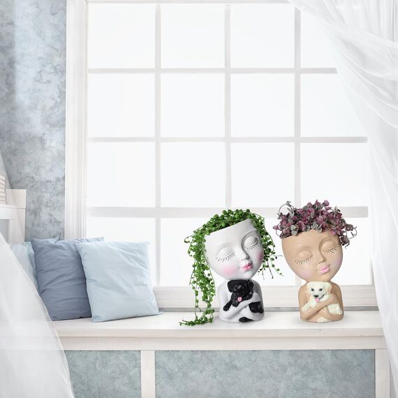 WEWEOW Gesichtspflanzgefäß, Kopf für drinnen und draußen, Pflanztopf mit Hund, Sukkulenten-Übertopf mit Ablaufloch, niedliche Damengesicht-Blumentöpfe (weiß)