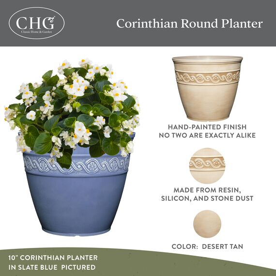 Classic Home and Garden Korinthisches Harz Pflanztopf - Outdoor & Indoor Pflanztopf - Runder Übertopf für Pflanzen & Blumen (33.0 cm Desert Tan, 1 Stück)