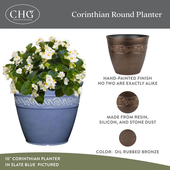 Classic Home and Garden Korinthischer Kunstharz-Pflanztopf – Pflanztopf für den Innen- und Außenbereich – runder Übertopf für Pflanzen & Blumen (33 cm, ölgeriebene Bronze, 1 Stück)