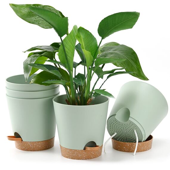 Qaobo Blumentöpfe, selbstbewässernd, hohe Drainage, für Innen- und Außenbereich, mit Auffangschale und Bewässerungslippe, Grün, 5 Stück