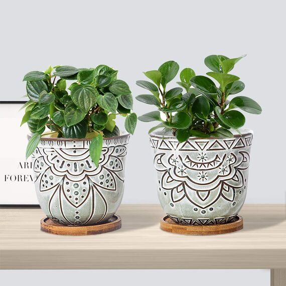 G EPGardening Braun Retro Großer Übertopf Topf Sukkulenten Übertopf Rund Keramik Pflanztopf Blumentopf Indoor Pflanzschale Container mit Bambus Tablett Drainage Loch Kunststoff Mesh 2er Set