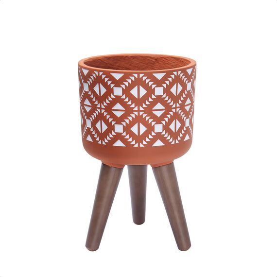 D'vine Dev 8" Indoor Planter Pot with Stand, Geometric Planter Pot for Plant, Small, Pottery Red Terracotta/White, 88-ST-8-S