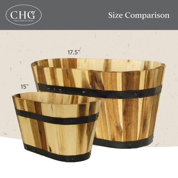 Classic Home and Garden Pflanzgefäße aus Akazienholz, oval, halbfass mit Metallband, Verschiedene Größen (2er Set)