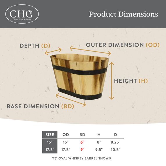 Classic Home and Garden Pflanzgefäße aus Akazienholz, oval, halbfass mit Metallband, Verschiedene Größen (2er Set)