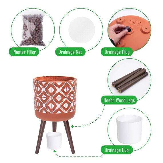 D'vine, Dev, Pflanztopf mit Ständer, Mid-century modern, hoher Blumentopf mit Beinen für Zimmerpflanzen, groß, Keramik, rot, Terrakotta/weiß, 30,5 cm, Dev 88-G-C-5