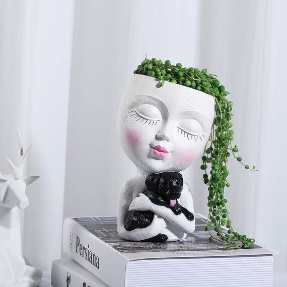 WEWEOW Gesichtspflanzgefäß, Kopf für drinnen und draußen, Pflanztopf mit Hund, Sukkulenten-Übertopf mit Ablaufloch, niedliche Damengesicht-Blumentöpfe (weiß)