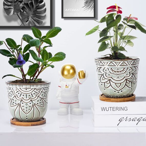 G EPGardening Braun Retro Großer Übertopf Topf Sukkulenten Übertopf Rund Keramik Pflanztopf Blumentopf Indoor Pflanzschale Container mit Bambus Tablett Drainage Loch Kunststoff Mesh 2er Set