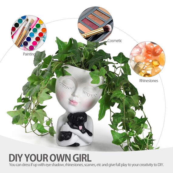 WEWEOW Gesichtspflanzgefäß, Kopf für drinnen und draußen, Pflanztopf mit Hund, Sukkulenten-Übertopf mit Ablaufloch, niedliche Damengesicht-Blumentöpfe (weiß)