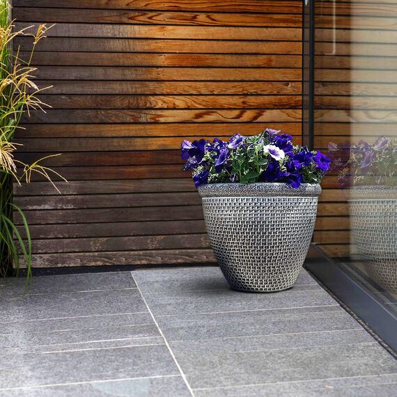 SG Traders 2 x großer runder Blumentopf aus Kunststoff, Gartendekoration, antikes Silber, 36 cm, Blumentöpfe für den Außenbereich, mit Drainagelöchern