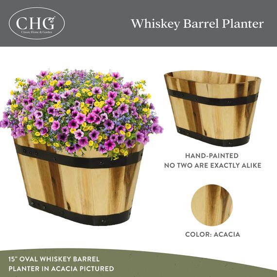 Classic Home and Garden Pflanzgefäße aus Akazienholz, oval, halbfass mit Metallband, Verschiedene Größen (2er Set)