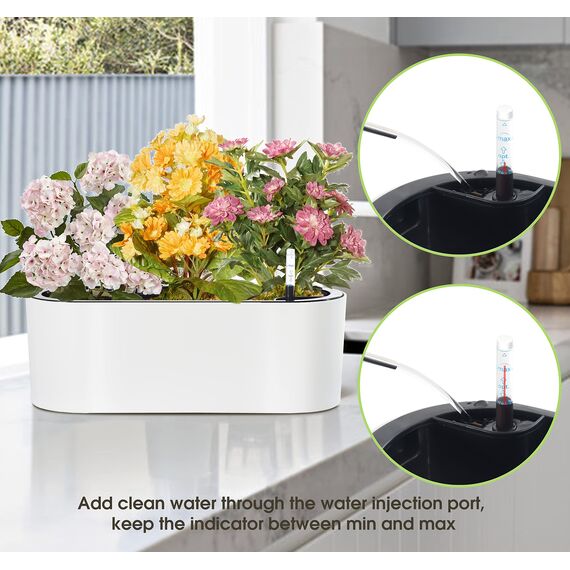 SAROSORA, ovaler Selbstbewässerungstopf, 41 cm lang – mit Wasserstandsanzeige, ideal für Pflanzen und Blumen im Innen- und Außenbereich, Sukkulenten, Kräuter und Fensterkasten (1 Stück, oval, weiß)