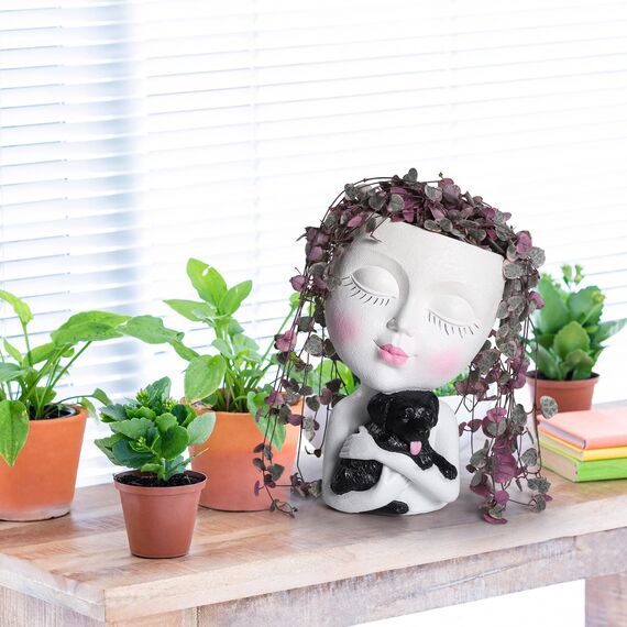 WEWEOW Gesichtspflanzgefäß, Kopf für drinnen und draußen, Pflanztopf mit Hund, Sukkulenten-Übertopf mit Ablaufloch, niedliche Damengesicht-Blumentöpfe (weiß)