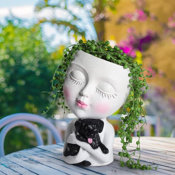 WEWEOW Gesichtspflanzgefäß, Kopf für drinnen und draußen, Pflanztopf mit Hund, Sukkulenten-Übertopf mit Ablaufloch, niedliche Damengesicht-Blumentöpfe (weiß)