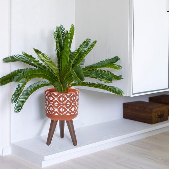 D'vine Dev 8" Indoor Planter Pot with Stand, Geometric Planter Pot for Plant, Small, Pottery Red Terracotta/White, 88-ST-8-S