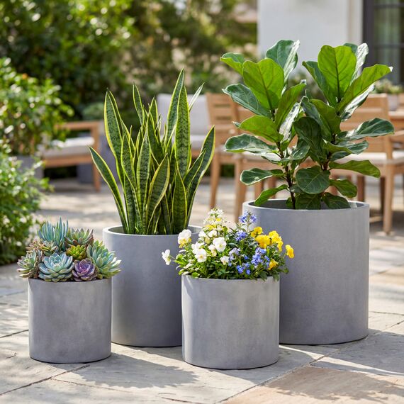 FaithLand Blumentopf, 35,6 cm, Moderne Pflanzenständer aus der Mitte des Jahrhunderts, Drainage-Stöpsel und Drainagesieb, Grauer Übertopf