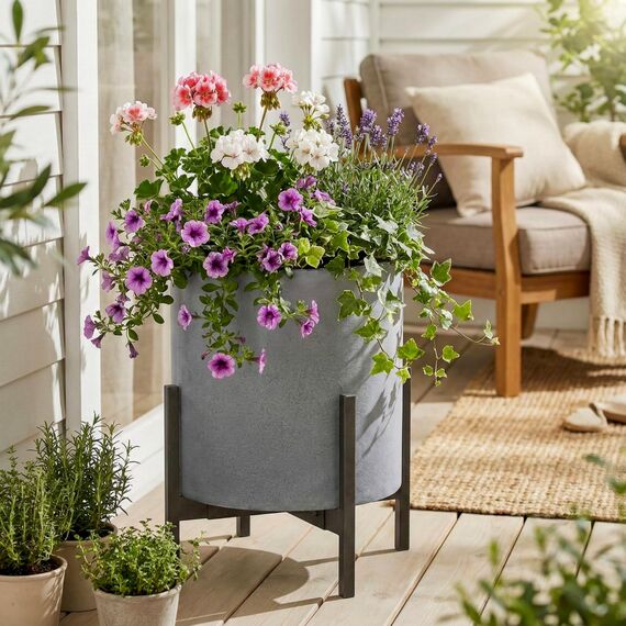 FaithLand Blumentopf, 35,6 cm, Moderne Pflanzenständer aus der Mitte des Jahrhunderts, Drainage-Stöpsel und Drainagesieb, Grauer Übertopf